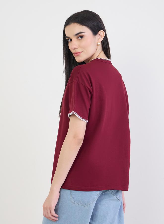 Styli Burgundy Cotton T-Shirt with Overlock Stitch - Image 5